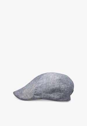 Gray linen flat cap with visible stitching, displayed on a white background, angled to show side profile and curved brim.