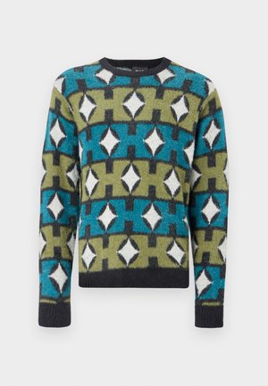 Šarena pulover s geometrijskim uzorkom u tirkiznoj, zelenoj, crnoj i bijeloj boji. Mekan materijal i okrugli izrez s dugim rukavima.