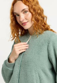 Lichtgroene fleece jacket met een zachte, gestructureerde buitenkant en een ritssluiting aan de voorkant. Geribbelde manchetten en halslijn, met een subtiele glans op de hardware.