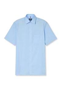 Camicia a maniche corte azzurro chiaro realizzata in tessuto morbido, con una chiusura a bottoni sul davanti, una tasca applicata a sinistra e un colletto classico.