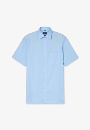 Lichtblauwe kortärmige hem met een gladde stof, voorzien van een knopenlijst aan de voorkant, een borstzak aan de linkerkant en een klassiek kraagontwerp.
