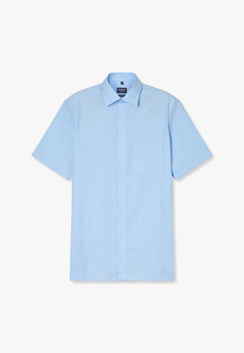 Lichtblauwe kortärmige hem met een gladde stof, voorzien van een knopenlijst aan de voorkant, een borstzak aan de linkerkant en een klassiek kraagontwerp.