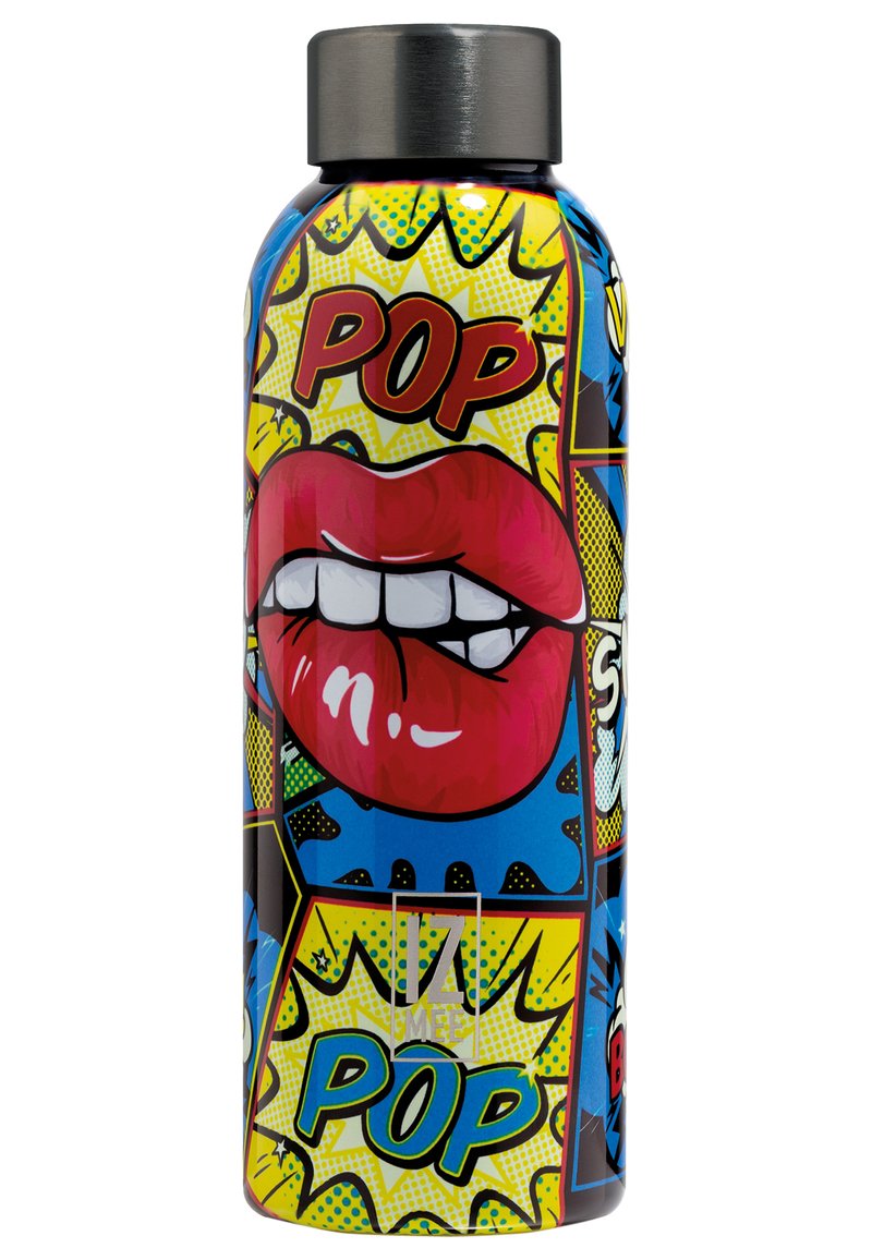 Boca od nehrđajućeg čelika s upečatljivim pop art dizajnom, istaknutim crvenim usnama i hrabrim "POP" natpisom na plavoj i žutoj pozadini.