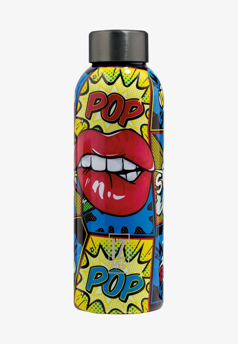 Ruostumattomasta teräksestä valmistettu vesipullo, jossa on värikäs pop-taide -design, korostetut punaiset huulet ja rohkeat "POP" -tekstit sinisellä ja keltaisella taustalla.