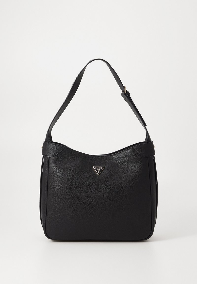 Black leather handbag with a curved design, adjustable shoulder strap, and a front logo plaque. Smooth texture and minimalist aesthetics.
