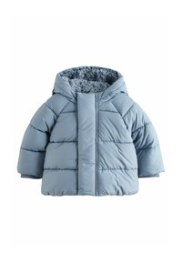 Helle blaue Steppjacke mit Kapuze, ausgestattet mit einem weichen Innenfutter, gestepptem Design und elastischen Bündchen für Wärme. Vorderseitiger Verschluss.
