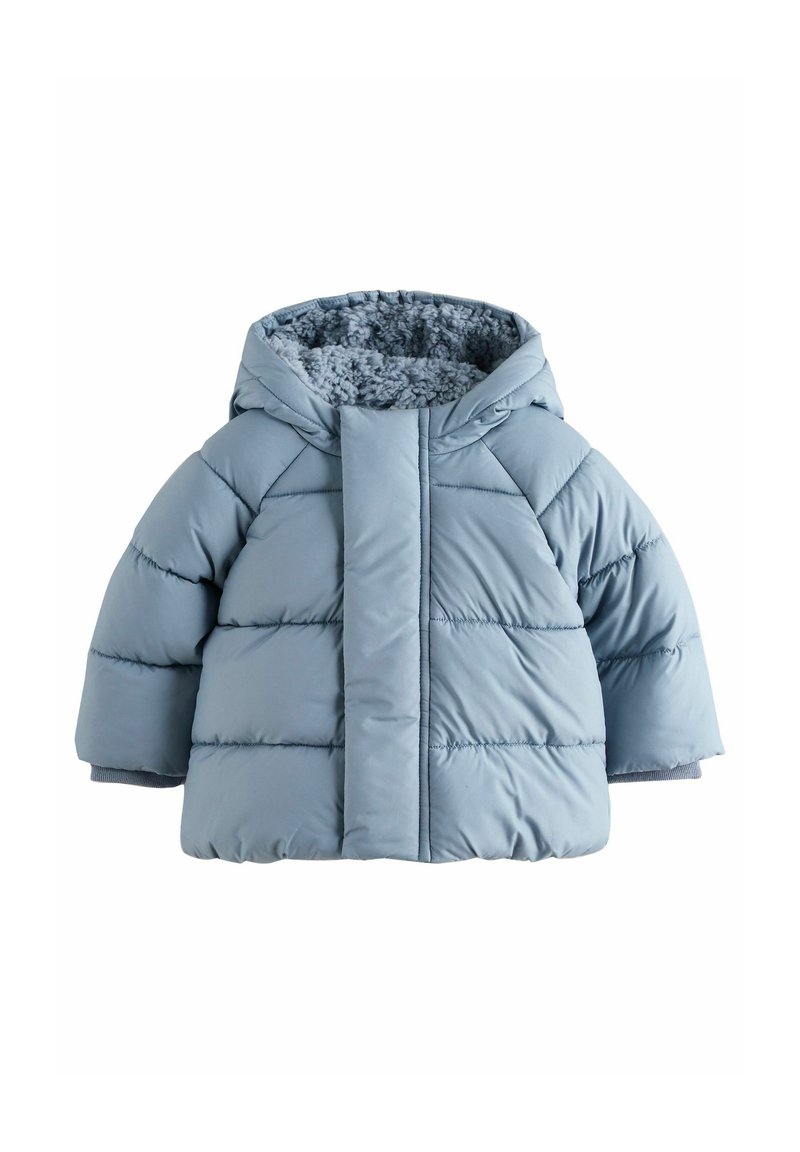 Helle blaue Steppjacke mit Kapuze, ausgestattet mit einem weichen Innenfutter, gestepptem Design und elastischen Bündchen für Wärme. Vorderseitiger Verschluss.