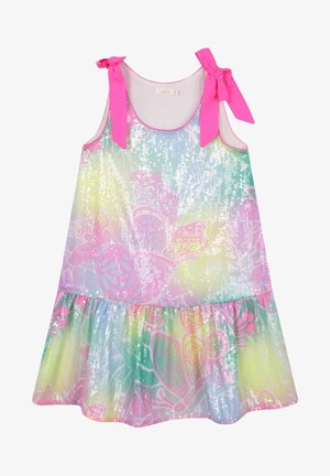 Pestrobarevné šatonové šaty s volánkem, které mají na ramenech růžové saténové mašle a květinové vzory v pastelových barvách.