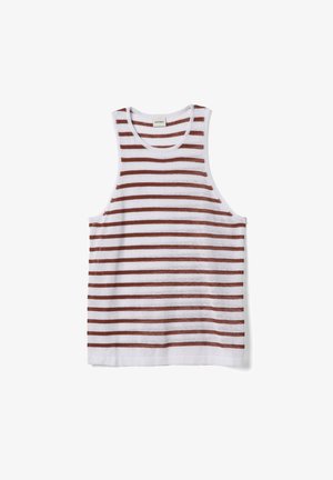 Weißes ärmelloses Tanktop mit horizontalen braunen Streifen und rundem Ausschnitt, flach auf weißem Hintergrund gelegt.