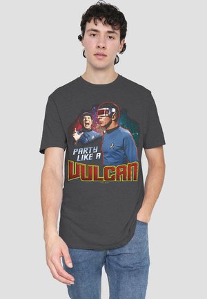 Gray t-shirt featuring colorful graphic text "PARTY LIKE A VULCAN" with two characters in blue uniforms. Short sleeves and a crew neck design.