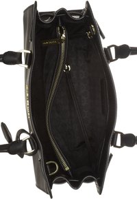 Sac à main en cuir noir avec un intérieur texturé, poche zippée et quincaillerie dorée. Comprend un dessus froncé et des poignées doubles.