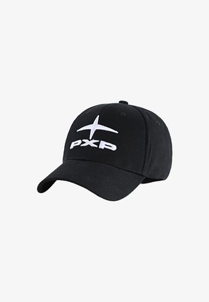 Cappellino da baseball nero in cotone con visiera curva. Presenta un logo ricamato bianco "PXP" e un design a stella sulla parte anteriore.