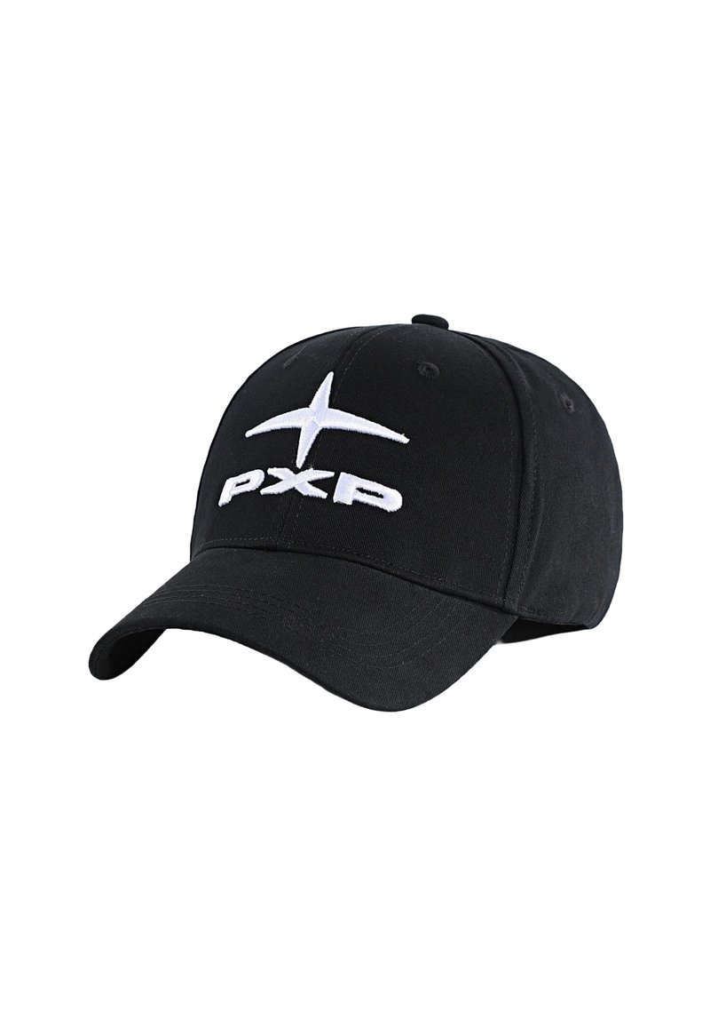 Gorra de béisbol negra hecha de algodón con visera curva. Presenta un logotipo bordado en blanco "PXP" y un diseño de estrella en la parte frontal.