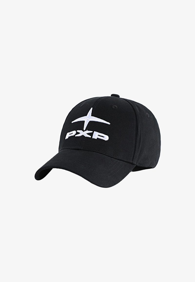 Gorra de béisbol negra hecha de algodón con visera curva. Presenta un logotipo bordado en blanco "PXP" y un diseño de estrella en la parte frontal.