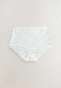 Hooggeplaatste witte onderbroek van zachte, gladde stof. Heeft een naadloos ontwerp en een elastische tailleband voor comfort. Geen zichtbare patronen.