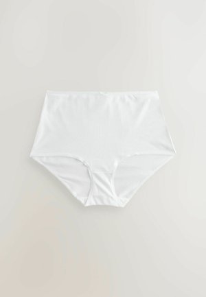 Braguita blanca de tiro alto hecha de una tela suave y lisa. Presenta un diseño sin costuras y una cinturilla elástica para mayor comodidad. Sin patrones visibles.