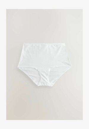 Bílé vysoké kalhotky vyrobené z měkké, hladké látky. Mají bezešvou konstrukci a elastický pas pro pohodlí. Bez viditelných vzorů.