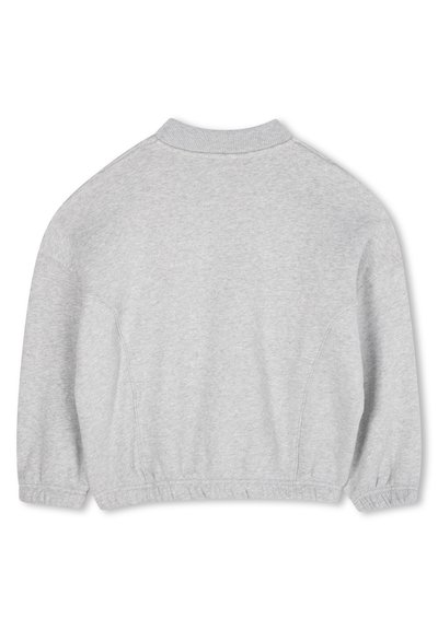Sweatshirt gris court avec un col rond, des poignets et une taille élastiqués. Fabriqué en tissu doux et texturé. Design simple et minimal.