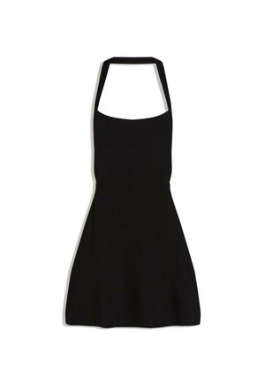 Robe noire sans manches à col halter, corsage ajusté et jupe évasée, présentée à plat sur fond blanc.