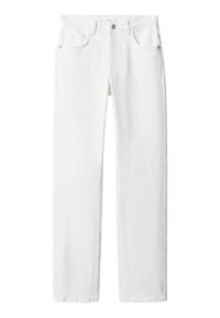 Jeans de mezclilla blanca con un diseño de pierna recta, cinco bolsillos y detalles en costura naranja. Cuenta con una cremallera y un cierre de botón.