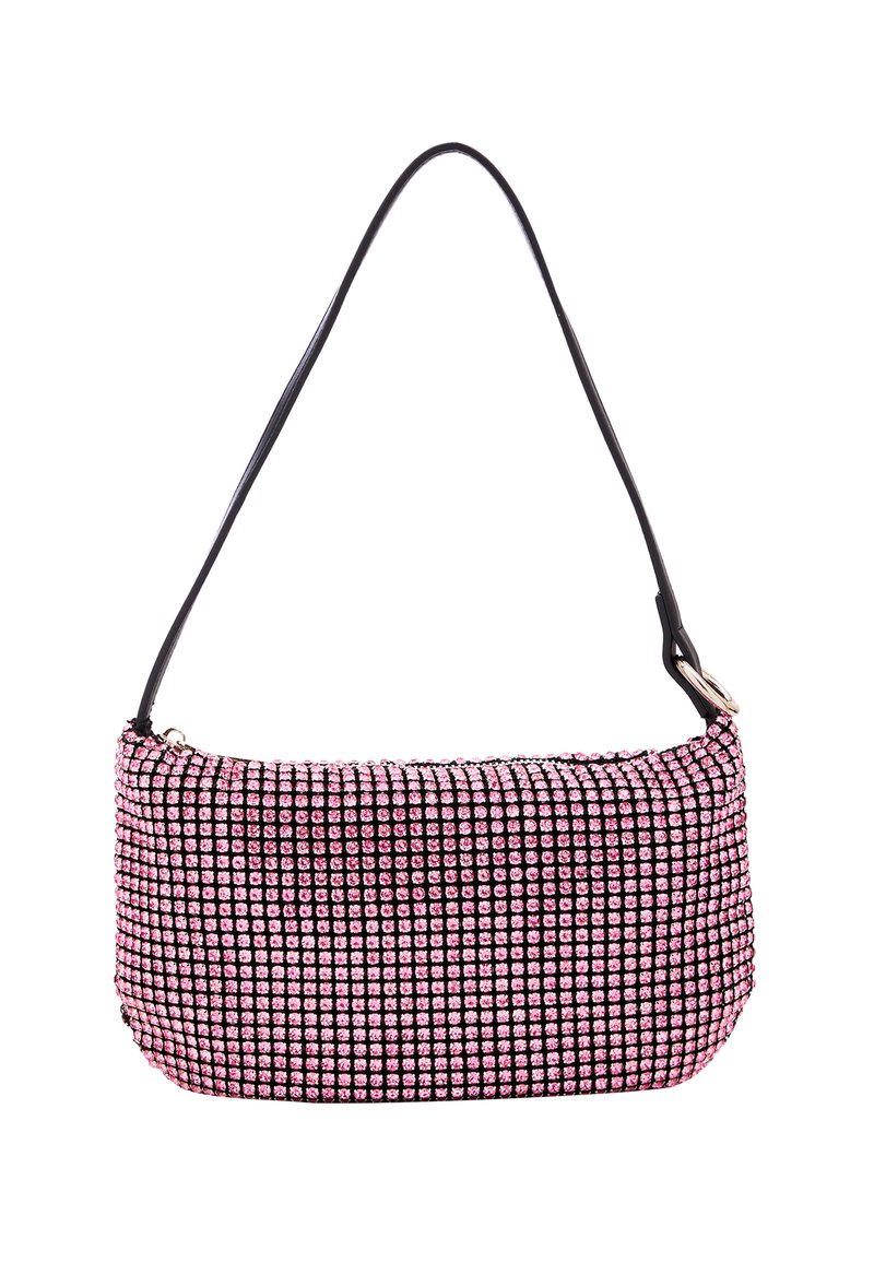 Borsa a tracolla nera e rosa decorata con strass, dalla forma curve, texture liscia e una sola tracolla nera. Accenti in metallo argentato.