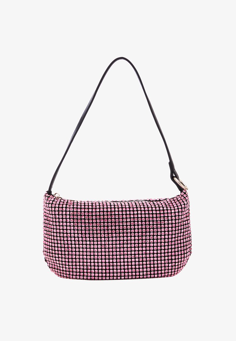 Borsa a tracolla nera e rosa decorata con strass, dalla forma curve, texture liscia e una sola tracolla nera. Accenti in metallo argentato.