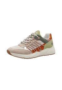 Sneaker featuring a blend of materials including mesh and suede. Colors: beige, olive, orange, and metallic accents. Cushioned sole.