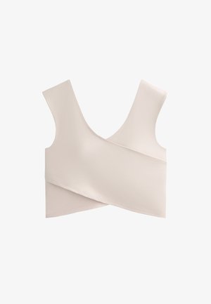 Mjuk, beige bralette med V-ringning, breda remmar och en inslagningdesign. Tillverkad av stretchigt material med släta, minimala sömmar.