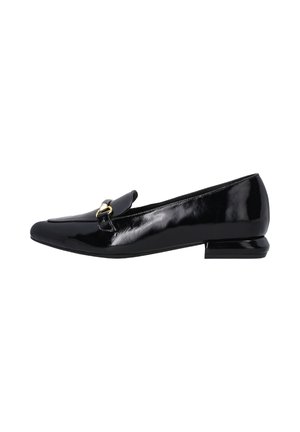 Schwarzer Lackleder-Slipper mit spitz zulaufender Zehenpartie, kleinem Blockabsatz und goldfarbenen Hardware-Details auf dem Obermaterial. Glatte Textur.