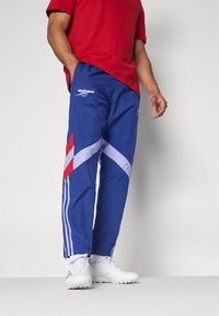 Modré tepláky s červenými a bílými geometrickými vzory, elastický pas a logo. Doplněno o bílé sportovní boty.