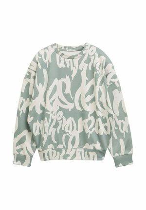 Helles grünes Oversize-Sweatshirt mit weißen abstrakten Buchstabenmustern, runder Ausschnitt und gerippten Bündchen an den langen Ärmeln.