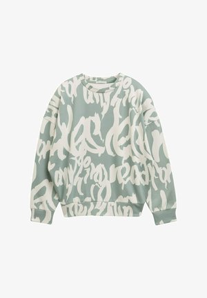Helles grünes Oversize-Sweatshirt mit weißen abstrakten Buchstabenmustern, runder Ausschnitt und gerippten Bündchen an den langen Ärmeln.