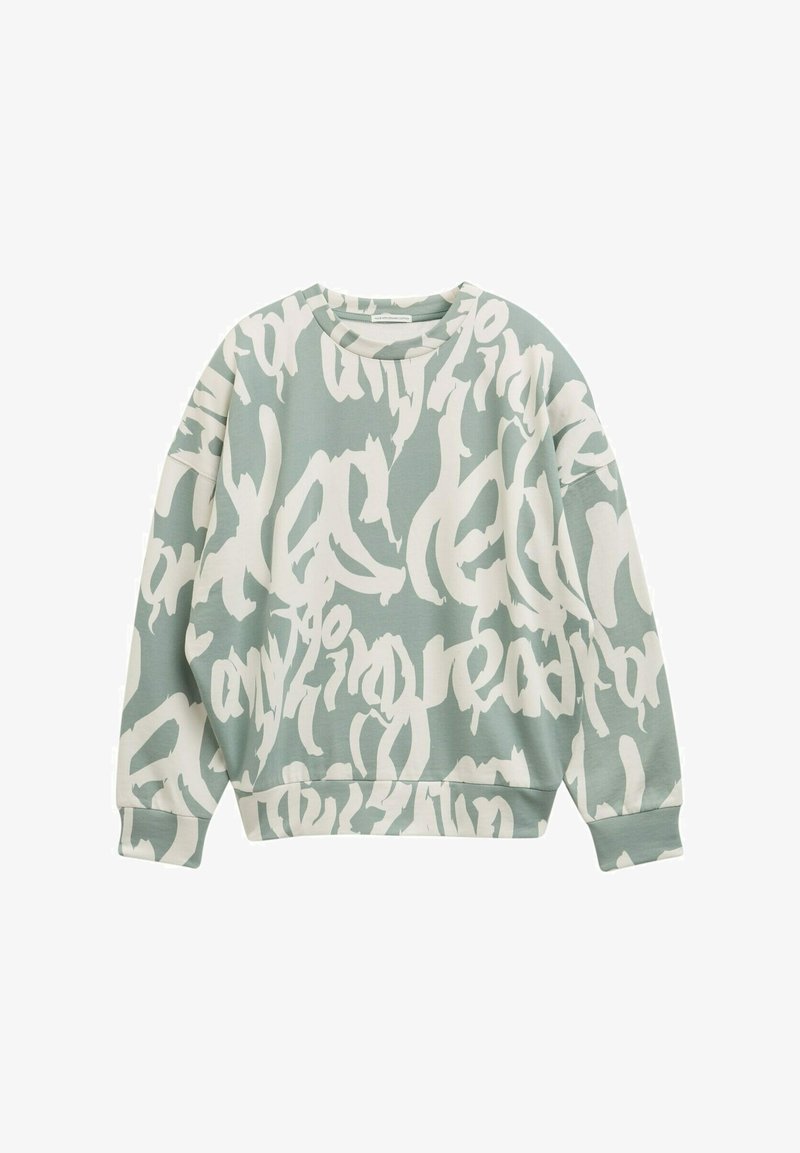 Felpa oversized verde chiaro con motivi di lettering astratti bianchi, scollo rotondo e polsini a coste sulle maniche lunghe.
