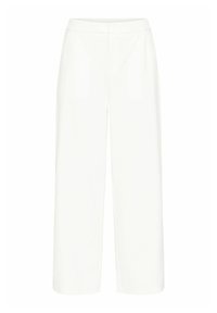 White wide-leg trousers with a smooth texture, high waist, and no visible pockets or embellishments. Clean, minimalist design.