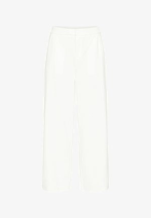 Hvide brede bukser med en glat tekstur, høj talje og ingen synlige lommer eller dekorationer. Rent, minimalistisk design.