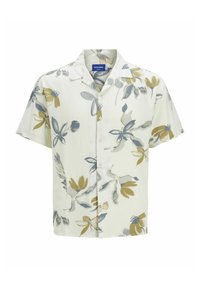 Chemise à manches courtes, boutonnée, de couleur crème clair avec un motif floral. Présente des accents bleus et vert olive ; fabriquée en tissu léger et texturé.