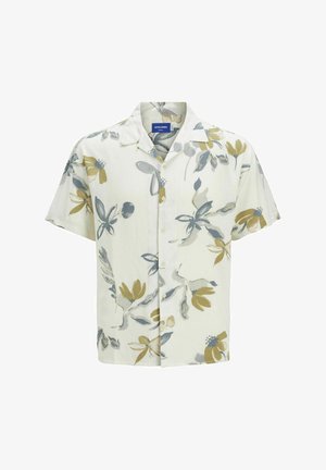 Korte mouwen, overhemd met knoopsluiting in licht crèmekleur met bloemenpatroon. Kenmerkt blauwe en olijfgroene accenten; gemaakt van een lichte, gestructureerde stof.