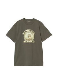 Camiseta de algodón de color verde oliva con mangas cortas, que cuenta con un cuello redondo y un estampado gráfico que dice "Carhartt WIP Detroit" en amarillo claro.