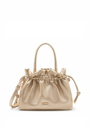 Beige weiche Lederhandtasche mit gerafftem oberen Abschluss, zwei Griffen, abnehmbarem Schulterriemen und goldfarbenem "L.CREDI"-Logo auf der Vorderseite.