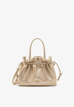 Sac à main en cuir souple beige avec un dessus froncé, deux anses, une bandoulière amovible et un logo doré "L.CREDI" sur le devant.