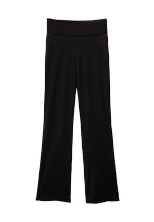 Black wide-leg pants with high elastic waistband, smooth fabric, and no visible pockets or embellishments.