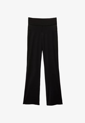 Pantalones negros de pierna ancha con cintura alta elástica, tejido suave y sin bolsillos visibles ni adornos.
