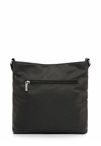 Sac en nylon noir à bandoulière avec une texture lisse, doté d'une poche zippée à l'avant et d'accents en métal. Forme simple et rectangulaire.