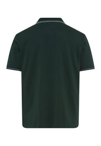 Dunkelgrünes Poloshirt aus Baumwolle, mit klassischem Kragen und weißen Streifen als Akzent sowie kurzen Ärmeln. Schlichtes und zeitloses Design.