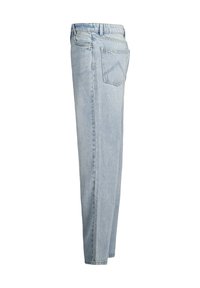 High-waisted light blue jeans, straight leg design, denim material, single back pocket with a diamond-shaped stitching detail, no embellishments.