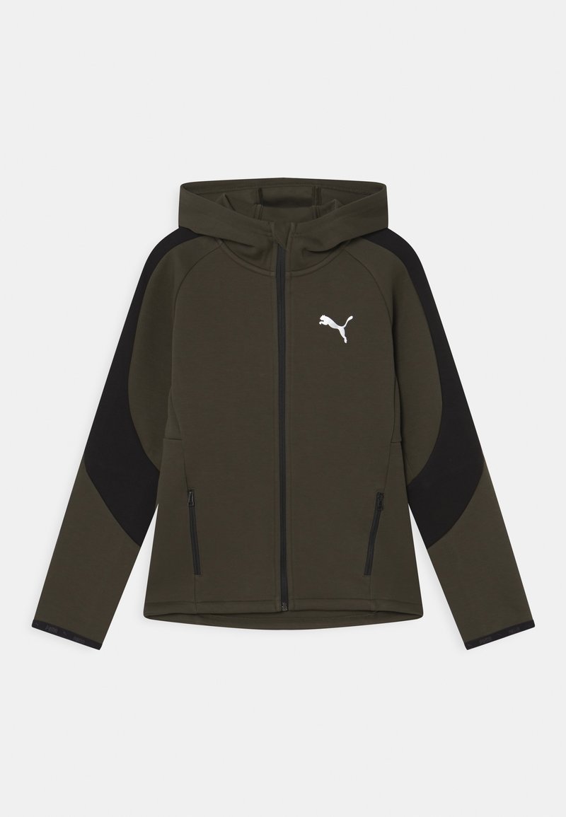 Hættetrøje med lynlås i mørk olivengrøn og sort, med et hvidt logo, sidelommer og kontrastpaneler på ærmerne. Blød tekstur.