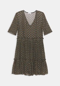 Musta mekko V-päällä, lyhyillä hihoilla ja kerroksellisella röyhelöhelma. Sisältää kukkakuvion oranssilla, kermalla ja sinisellä tummaa taustaa vasten.