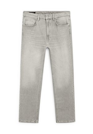 Graue Jeans aus Denim mit geradem Schnitt, Fünf-Taschen-Design und heller Waschung. Besitzt subtile Ausbleichungen und einen klassischen Knopfverschluss.