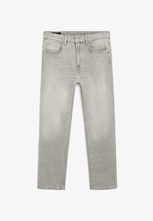 Šedé džíny z denimu se straight fit střihem, pěti kapsami a světlým praním. Mají jemné zesvětlení a klasické zapínání na knoflík.