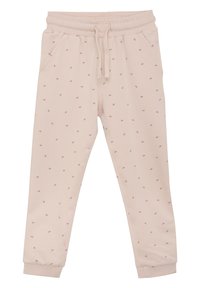 Ljust rosa joggers i mjuk bomullsblandning, med elastisk midja, dragsko, sidofickor och små röda blommönster.